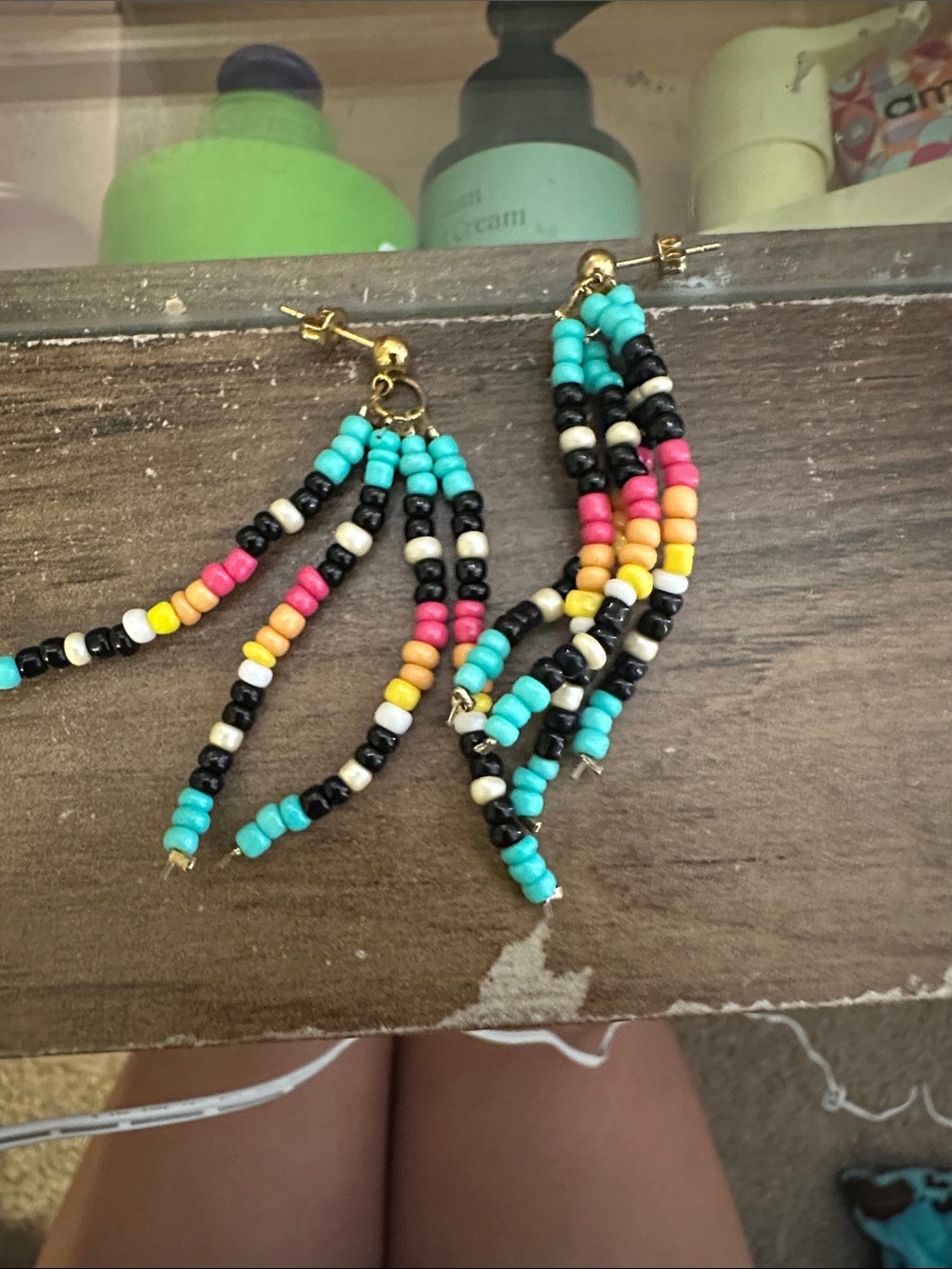 Handmade Multicolor Seed Bead Fringe Earrings - Turquoise & Black